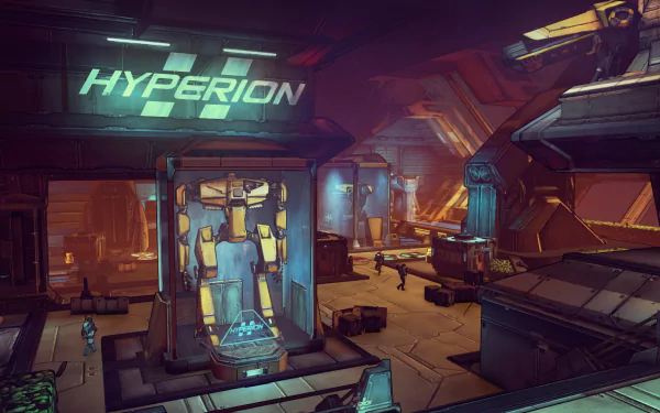 HD PC desktop wallpaper of Borderlands: The Pre-Sequel (video game) — Hyperion-branded sci-fi station interior with neon lights, platforms, crates and industrial walkways.