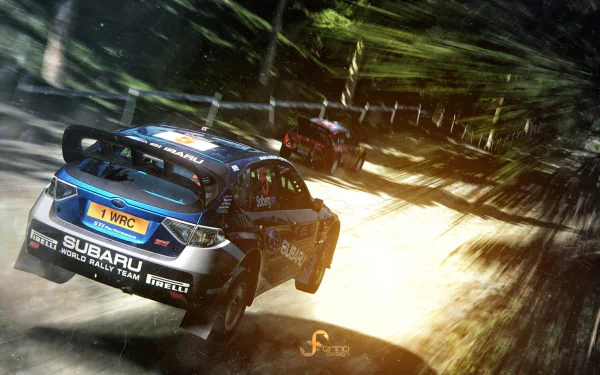 HD PC desktop wallpaper and background: Gran Turismo 5 video game scene of a Subaru rally car kicking up dirt as it speeds through a sunlit forest track.