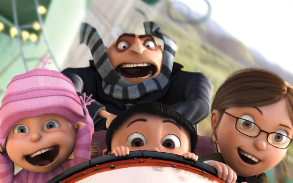 HD PC desktop wallpaper featuring Gru, Margo, Edith, and Agnes from the movie Despicable Me, all smiling and leaning toward the camera.
