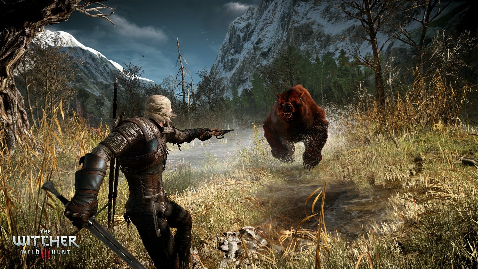 HD PC desktop wallpaper from The Witcher 3: Wild Hunt video game, featuring Geralt facing a charging bear in a mountainous forest landscape.