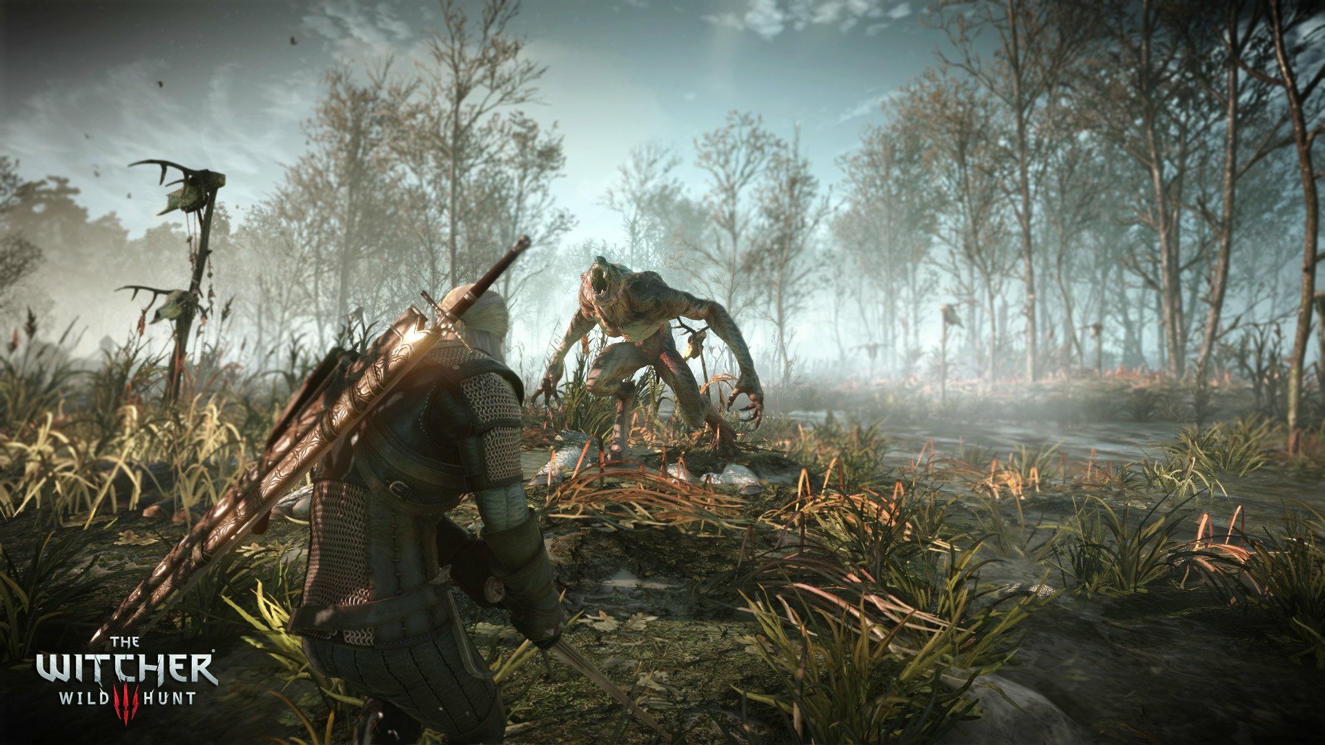 HD PC desktop wallpaper from The Witcher 3: Wild Hunt video game, featuring Geralt facing a monstrous creature in a foggy, swamp-like forest setting.