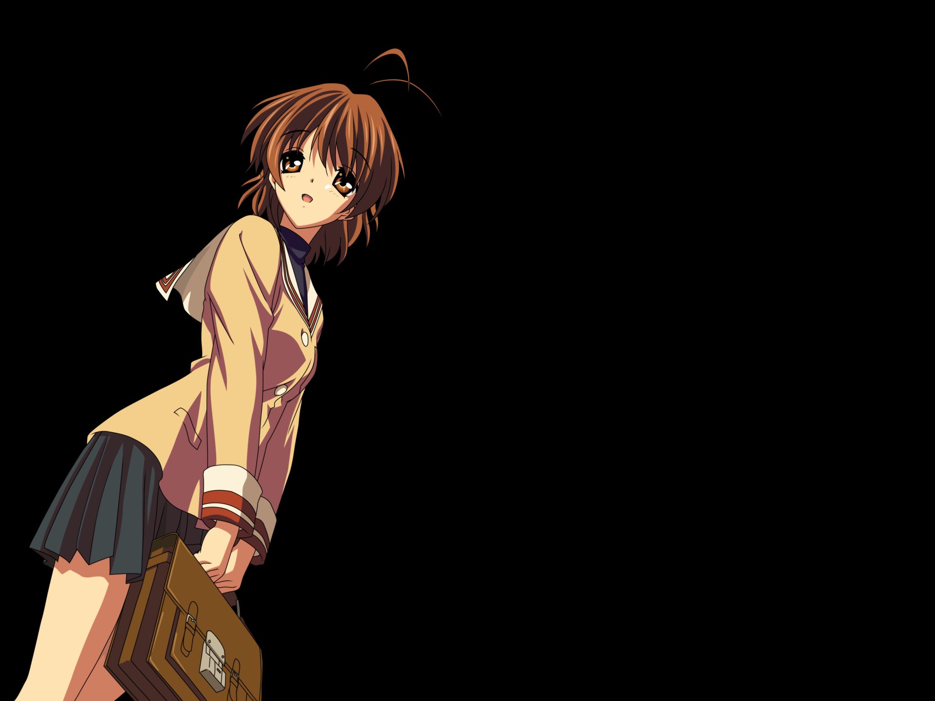 Nagisa Furukawa from Clannad in a school uniform standing against a black backdrop — 4K Ultra HD anime PC desktop wallpaper