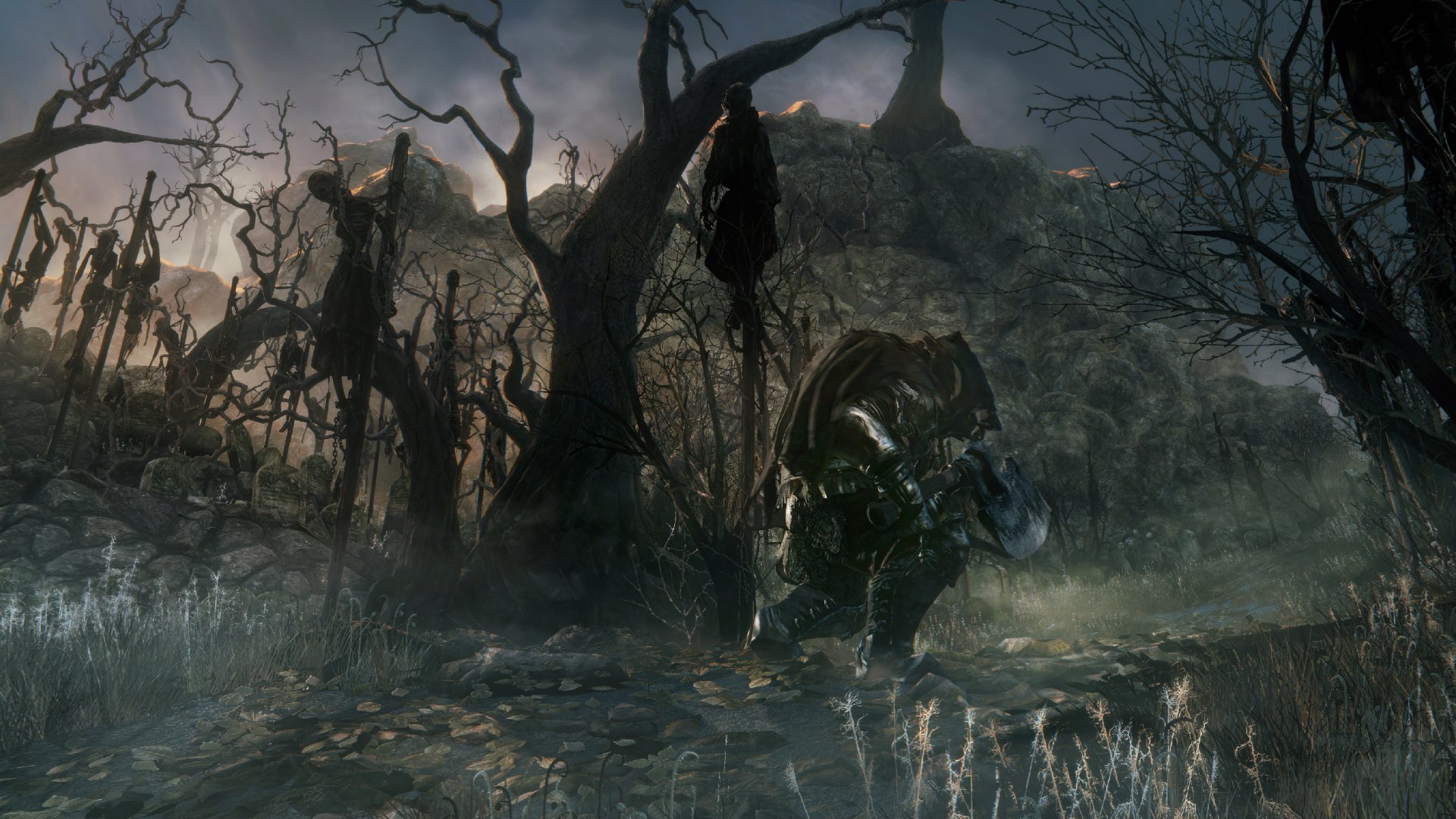 Dark, eerie Bloodborne scene with twisted trees and a knight-like figure, captured in stunning 4K Ultra HD for PC desktop wallpaper and background.