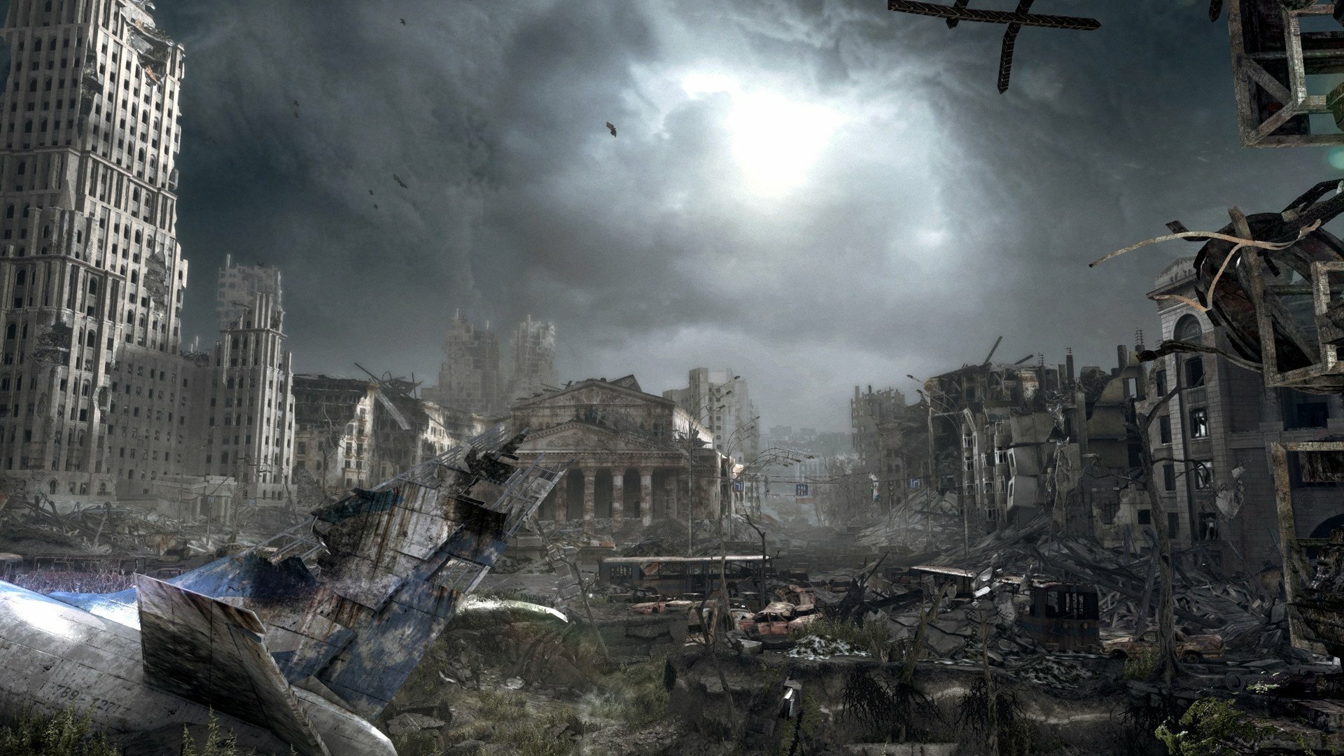 Metro Last Light Redux HD PC wallpaper: bleak post-apocalyptic cityscape of crumbling buildings, rubble-strewn streets, twisted wreckage and a pale sun breaking through storm clouds.