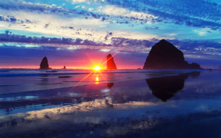 Cannon Beach Haystack Rock pacific ocean Oregon coast cliff nature sunset HD Desktop Wallpaper | Background Image