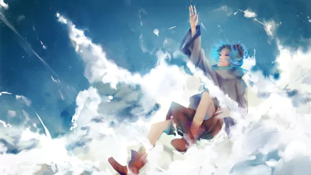 Anime-style character with blue hair and goggles, floating amidst vibrant clouds in a dynamic sky, designed as an HD desktop wallpaper.