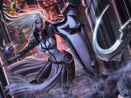 HD desktop wallpaper featuring the Crusader character from Diablo III: Reaper of Souls, showcasing detailed armor and dynamic action in a dark, gothic setting.