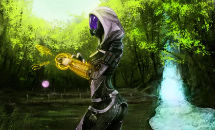 Tali'Zorah from Mass Effect stands in a lush forest near a glowing waterfall, holding a holographic orb in this HD PC desktop wallpaper.