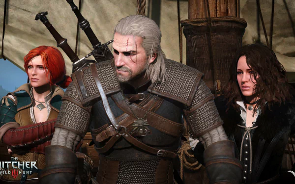 A dynamic scene featuring Yennefer of Vengerberg, Triss Merigold, and Geralt of Rivia from The Witcher 3: Wild Hunt, showcasing the game's rich character design in stunning HD.
