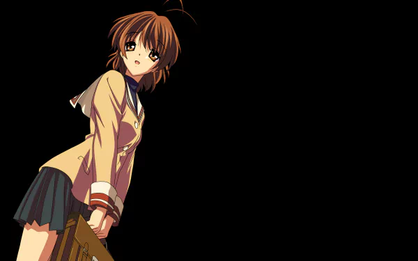 Nagisa Furukawa from Clannad in a school uniform standing against a black backdrop — 4K Ultra HD anime PC desktop wallpaper