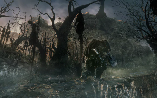 Dark, eerie Bloodborne scene with twisted trees and a knight-like figure, captured in stunning 4K Ultra HD for PC desktop wallpaper and background.