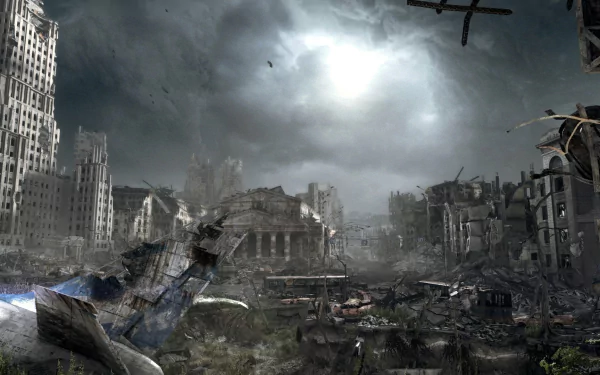 Metro Last Light Redux HD PC wallpaper: bleak post-apocalyptic cityscape of crumbling buildings, rubble-strewn streets, twisted wreckage and a pale sun breaking through storm clouds.