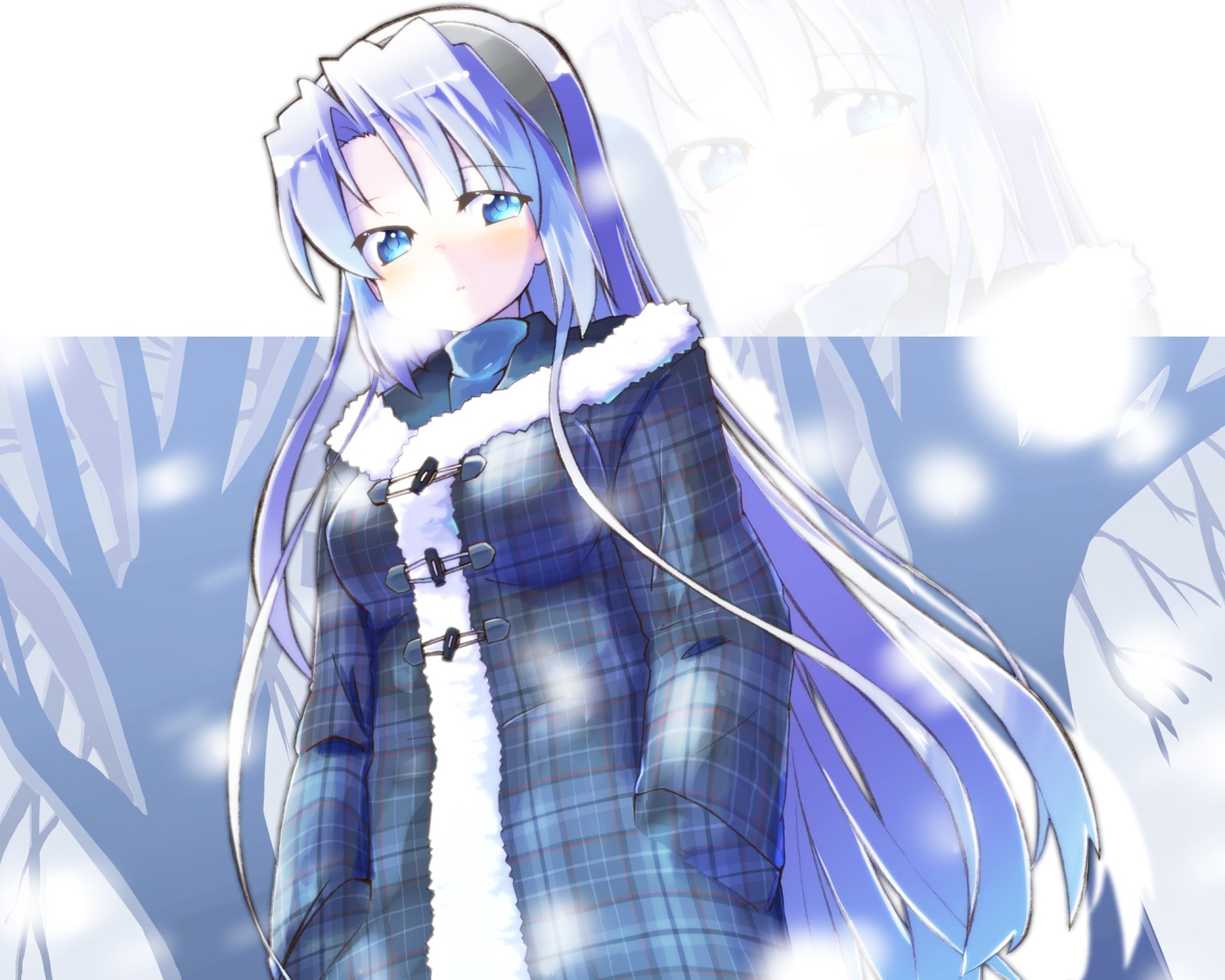 Tomoyo Sakagami (Clannad) anime 2K Quad HD PC desktop wallpaper: long lavender-haired girl in a blue plaid winter coat standing in a snowy forest background.