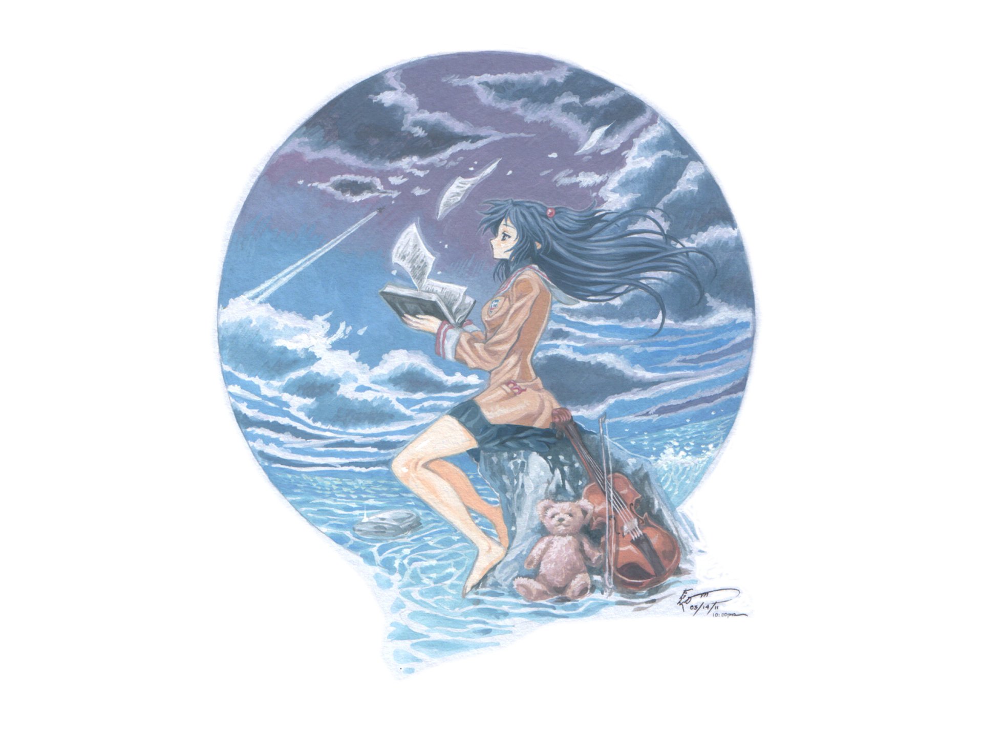 HD PC desktop wallpaper featuring Kotomi Ichinose from the anime Clannad, depicted with flowing hair and an open book against a dramatic sky and water background.