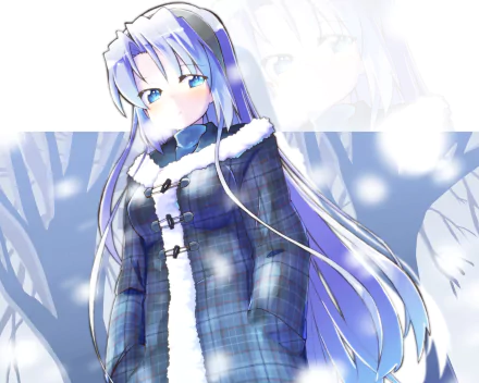 Tomoyo Sakagami (Clannad) anime 2K Quad HD PC desktop wallpaper: long lavender-haired girl in a blue plaid winter coat standing in a snowy forest background.