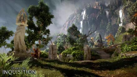 HD PC desktop wallpaper featuring a lush, detailed landscape from the video game Dragon Age: Inquisition, showcasing ancient ruins and towering mountains under a cloudy sky.
