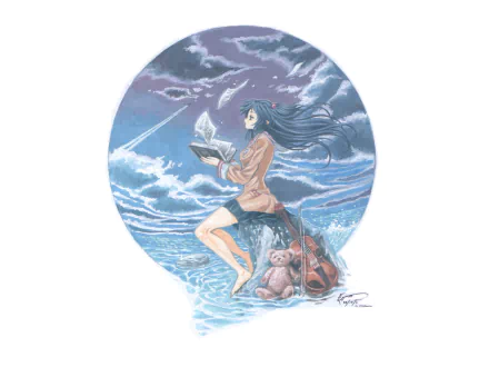 HD PC desktop wallpaper featuring Kotomi Ichinose from the anime Clannad, depicted with flowing hair and an open book against a dramatic sky and water background.