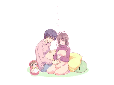 Nagisa Furukawa and Tomoya Okazaki from the anime Clannad are seated together, surrounded by soft pillows and plush toys, radiating warmth and intimacy in this HD desktop wallpaper.
