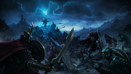 HD PC desktop wallpaper/background for the video game Endless Legend: armored warriors clash on a storm-wracked battlefield beneath crackling blue lightning.