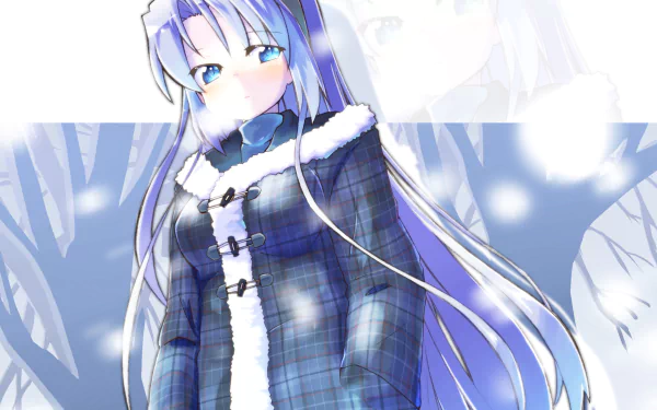 Tomoyo Sakagami (Clannad) anime 2K Quad HD PC desktop wallpaper: long lavender-haired girl in a blue plaid winter coat standing in a snowy forest background.
