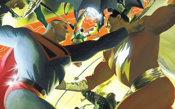 HD PC desktop wallpaper featuring a dynamic comic scene of Superman from Kingdom Come, engaged in an intense battle with another powerful character.