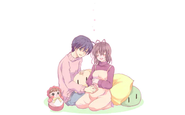 Nagisa Furukawa and Tomoya Okazaki from the anime Clannad are seated together, surrounded by soft pillows and plush toys, radiating warmth and intimacy in this HD desktop wallpaper.