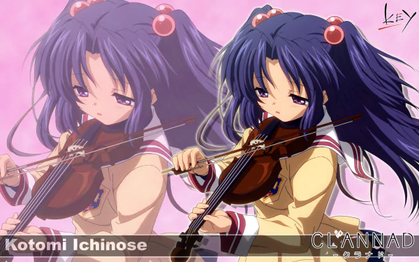 HD desktop wallpaper featuring Kotomi Ichinose from the anime Clannad, showcasing her playing the violin against a soft, pink background.