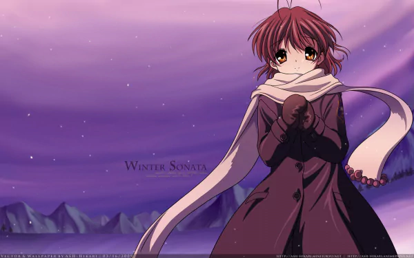 HD PC desktop wallpaper featuring Nagisa Furukawa from the anime Clannad, standing against a serene purple sky with a flowing white scarf.