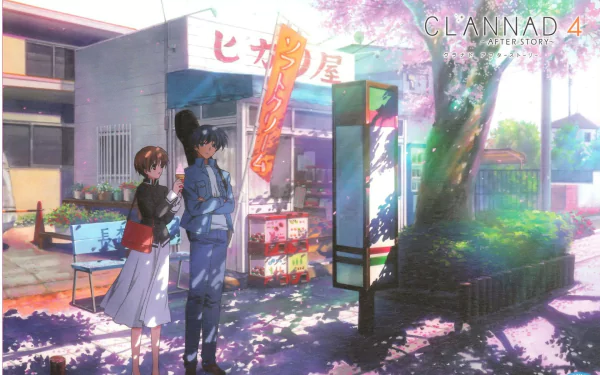 HD PC desktop wallpaper of Clannad: Yusuke Yoshino and Kouko Ibuki standing by a sunlit snack stall beneath falling cherry blossoms.