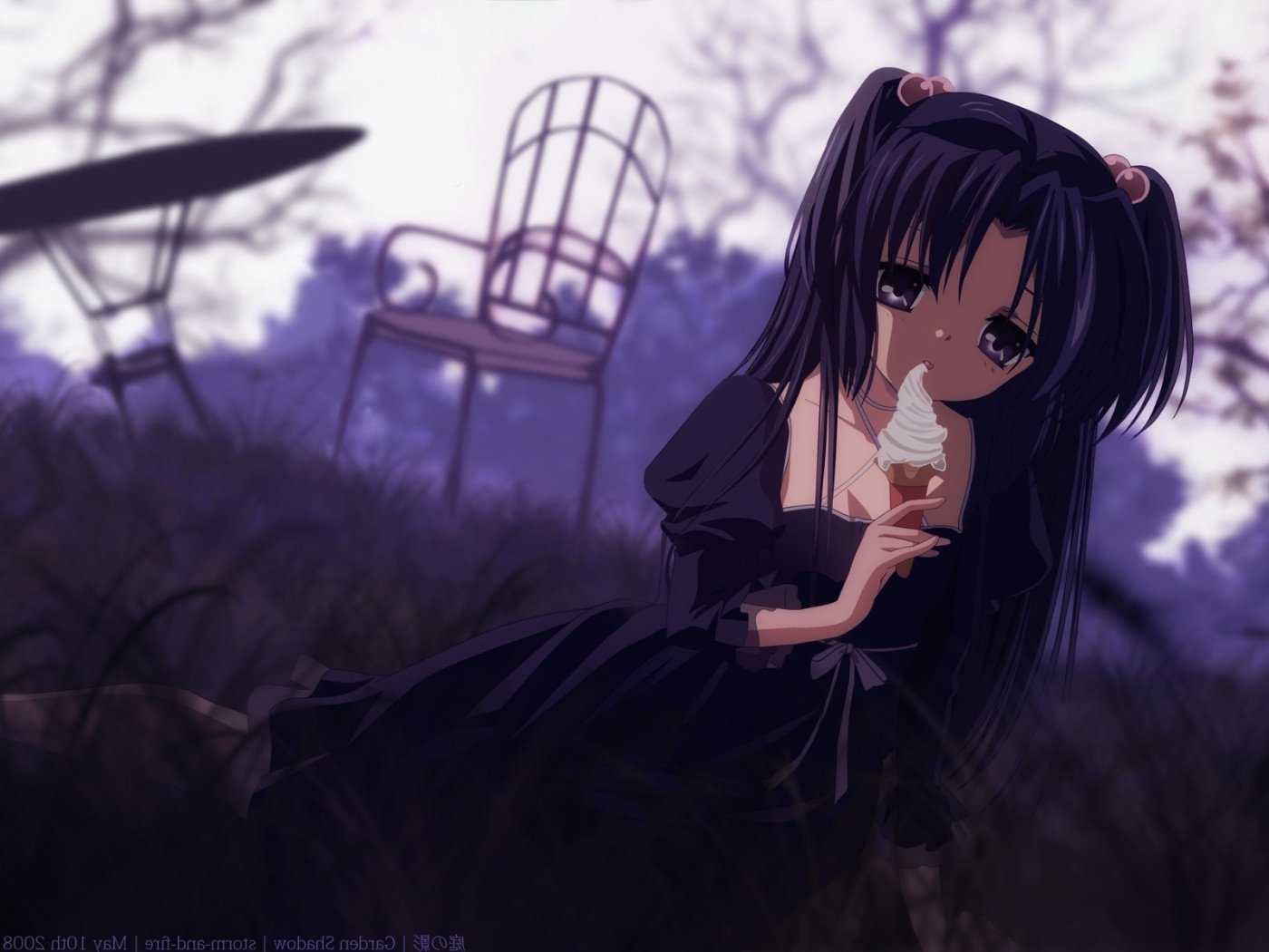 Kotomi Ichinose (Clannad) HD PC desktop wallpaper: anime girl in a black dress eating ice cream, sitting in shadowed grass with an empty chair and soft twilight background.