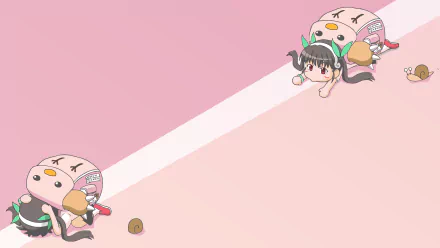 A cute illustration of Mayoi Hachikuji from the anime series Bakemonogatari, depicted as a snail. The vibrant pink background enhances the playful and whimsical atmosphere of this 4K wallpaper.