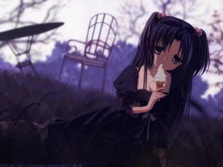Kotomi Ichinose (Clannad) HD PC desktop wallpaper: anime girl in a black dress eating ice cream, sitting in shadowed grass with an empty chair and soft twilight background.