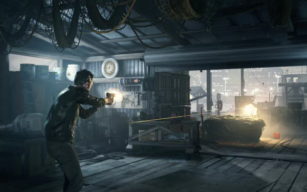 A dramatic scene from the video game Quantum Break, featuring a character aiming a weapon in a dimly lit warehouse, capturing the intense atmosphere of the game.