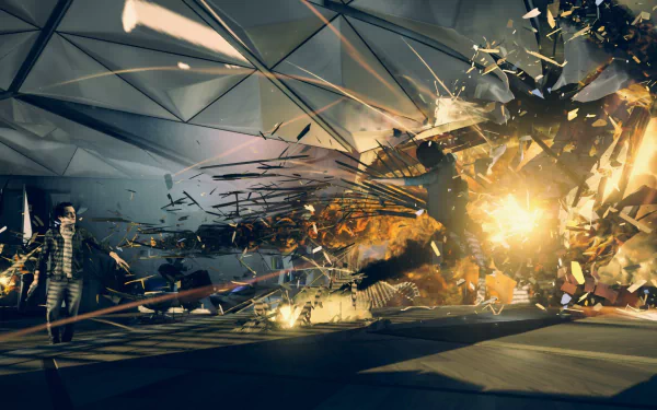 A dynamic scene from the video game Quantum Break, featuring an explosive moment with shards of glass and vibrant lights, serving as an engaging HD PC desktop wallpaper and background.