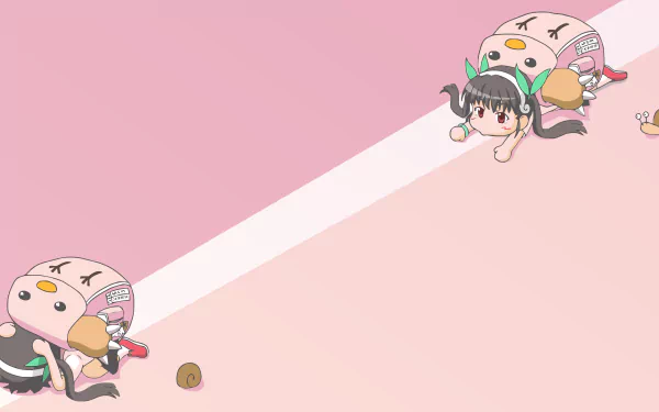 A cute illustration of Mayoi Hachikuji from the anime series Bakemonogatari, depicted as a snail. The vibrant pink background enhances the playful and whimsical atmosphere of this 4K wallpaper.