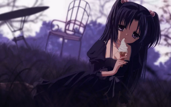 Kotomi Ichinose (Clannad) HD PC desktop wallpaper: anime girl in a black dress eating ice cream, sitting in shadowed grass with an empty chair and soft twilight background.