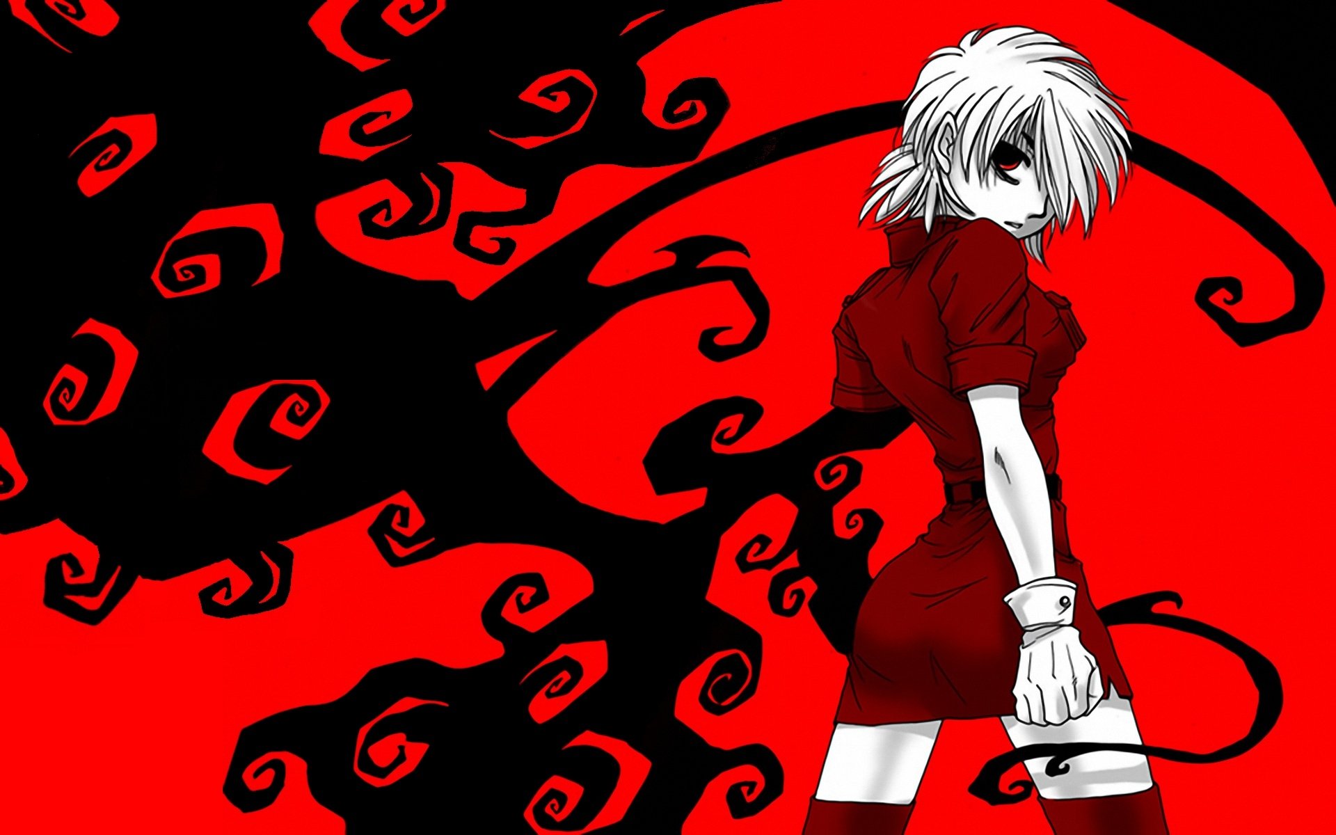 An anime-inspired HD wallpaper from Hellsing featuring a character with short white hair and a striking red background, intertwined with swirling black patterns.