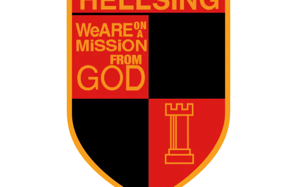 Hellsing anime 4K Ultra HD PC desktop wallpaper: red-and-black heraldic shield with a 'HELLSING' banner, block text WE ARE ON A MISSION FROM GOD and a stylized rook emblem.