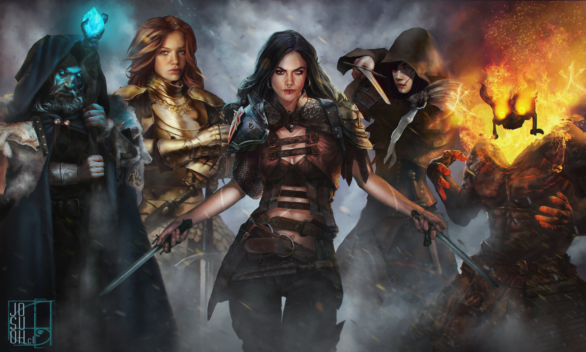 HD fantasy wallpaper featuring a fierce group of fantasy warriors, including a sorcerer, armored knight, rogue, and fiery elemental fighter.