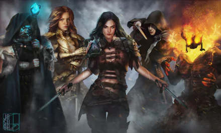 HD fantasy wallpaper featuring a fierce group of fantasy warriors, including a sorcerer, armored knight, rogue, and fiery elemental fighter.