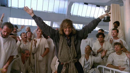 HD wallpaper featuring a scene from The Fisher King with a joyful man raising his arms among a crowd.