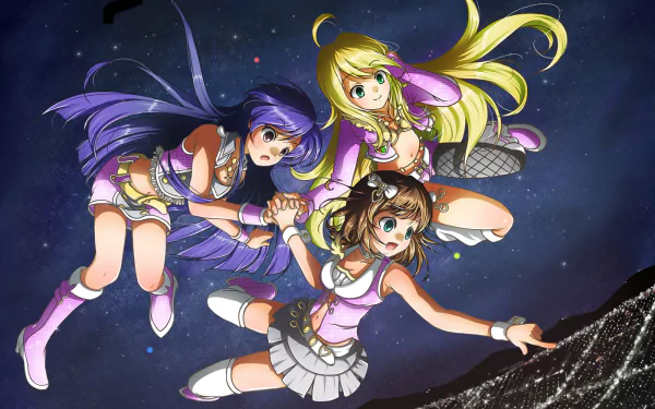 HD PC desktop wallpaper featuring Chihaya Kisaragi, Miki Hoshii, and Haruka Amami from The iDOLM@STER — an anime trio in colorful idol outfits floating over a starry background.