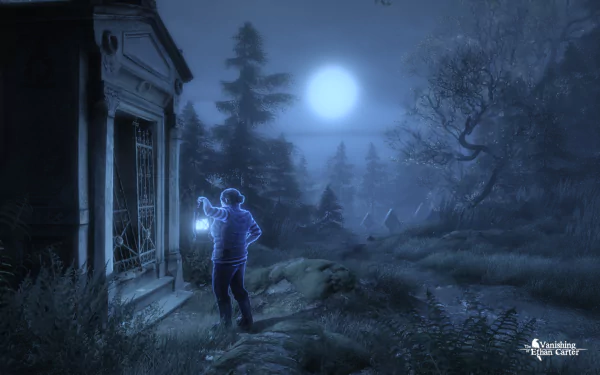 HD PC desktop wallpaper from the video game The Vanishing of Ethan Carter: moonlit, blue-tinged forest with a lone investigator holding a glowing hand beside a mausoleum.