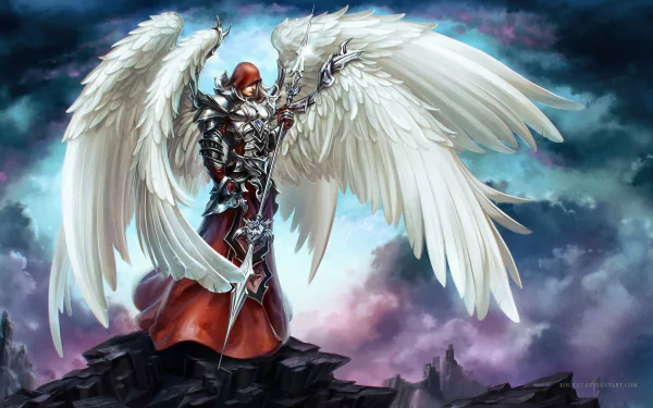 A majestic angel warrior with large white wings stands on a rocky outcrop, clad in intricate armor, amidst a dramatic fantasy backdrop. HD wallpaper featuring a powerful, ethereal figure.