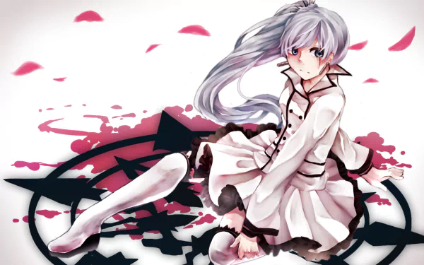 SnowPea Outfit featuring Weiss Schnee from RWBY, depicted in an anime style. The HD wallpaper showcases her sitting gracefully with a striking background of petals and geometric patterns.