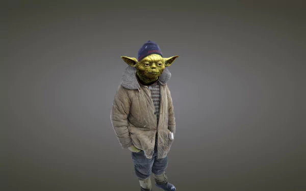 A humorous depiction of Yoda wearing a winter coat and hat, set against a simple background, designed as a vibrant HD wallpaper for Star Wars fans.