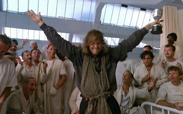 HD wallpaper featuring a scene from The Fisher King with a joyful man raising his arms among a crowd.