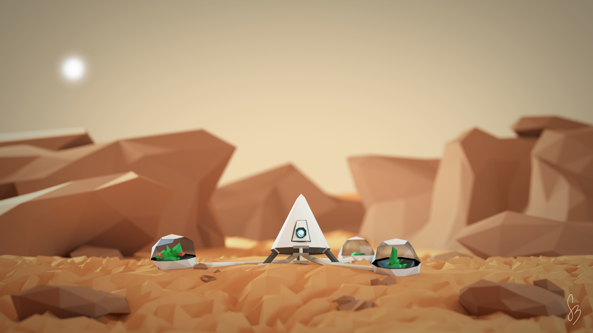 HD desktop wallpaper with a stylized Mars landscape, featuring a rocket and tents under a pale sun.