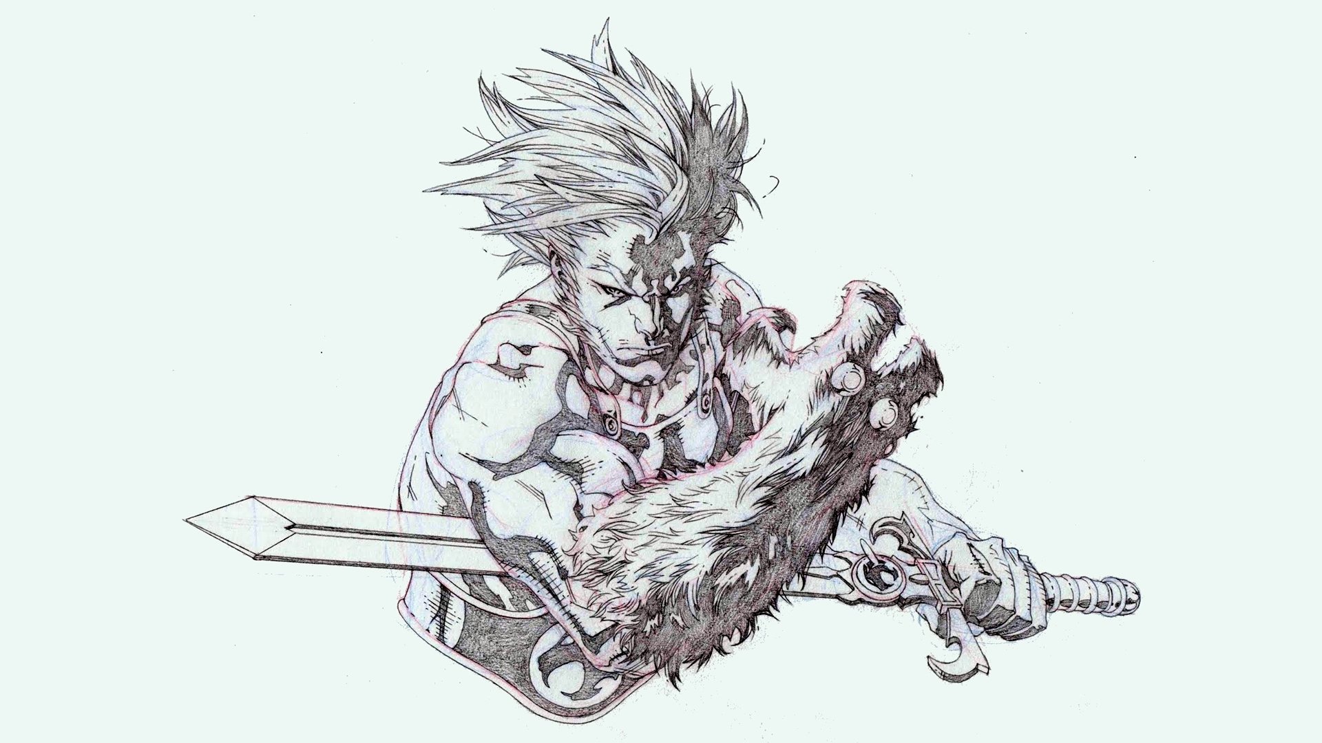 HD PC desktop wallpaper featuring a detailed sketch of a fierce character from the 1985 TV show Thundercats, wielding a sword with a powerful pose.
