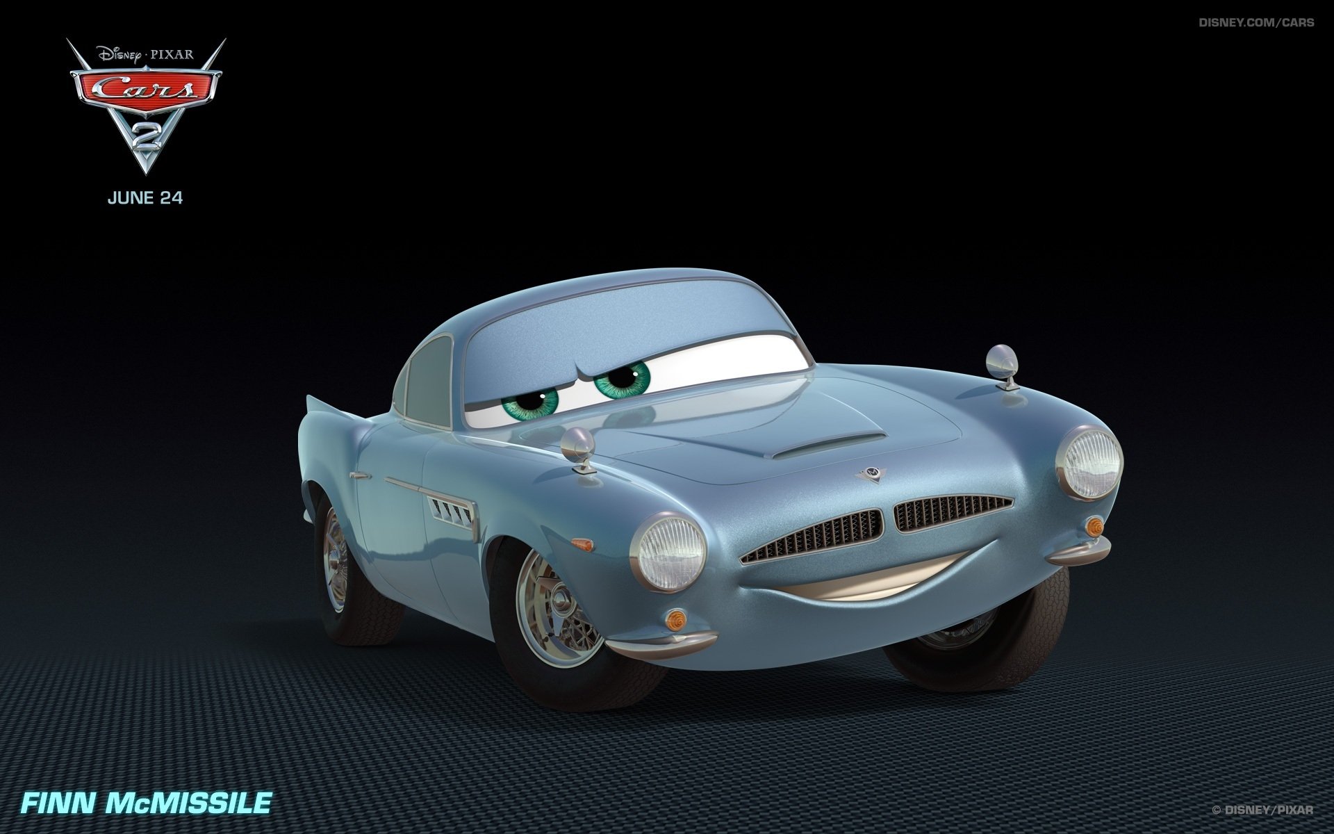 HD PC desktop wallpaper featuring Finn McMissile, the sleek spy car from the Disney Pixar movie Cars 2, set against a dark background.